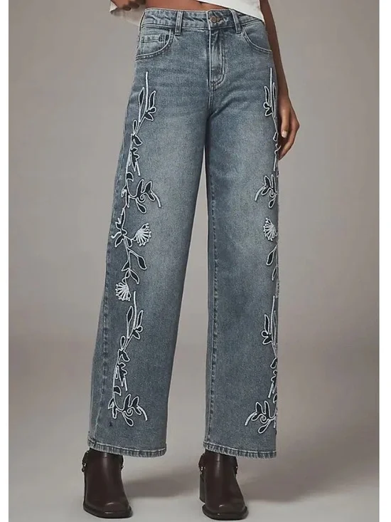 NWOT Anthropologie x Siempre Zoey Embroidered Wide Leg High Rise Jeans - Picture 2 of 8